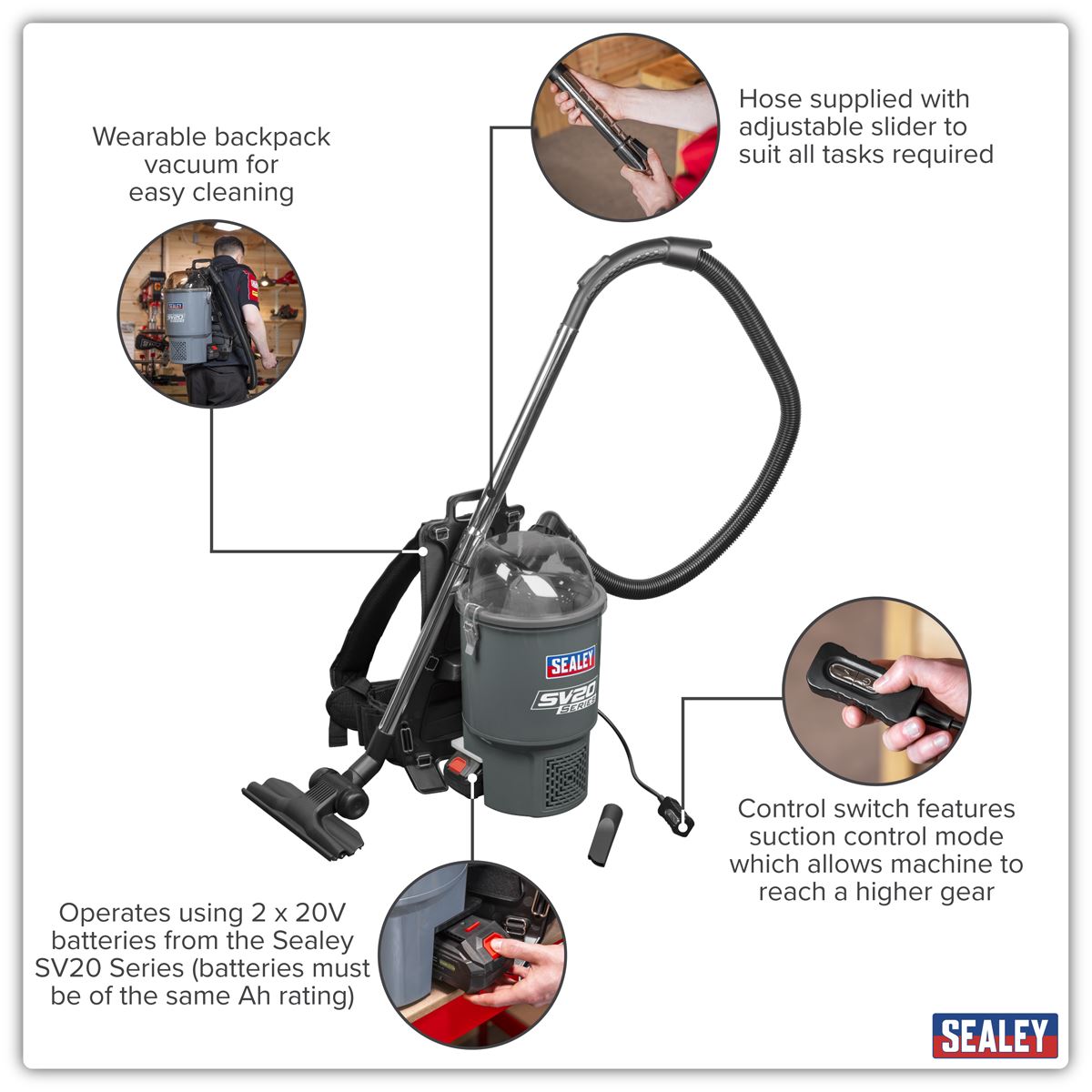 Sealey SV20 Series Backpack Vacuum Cleaner 40V - Body Only CP40VBV