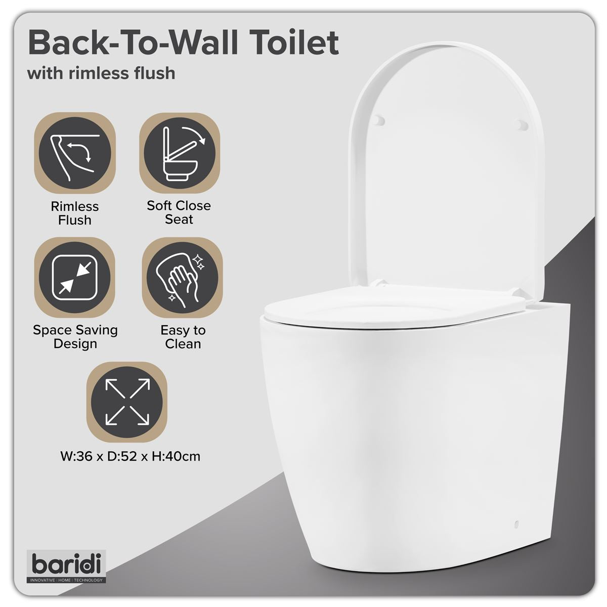 Baridi Back-to-Wall Toilet with Soft Close Seat & Rimless Flush � White DH334