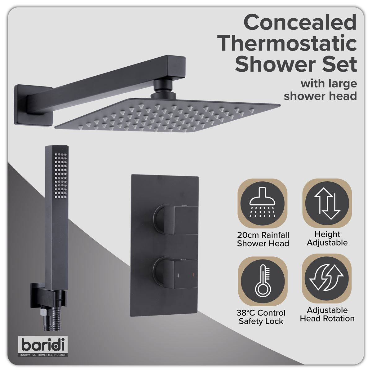 Baridi Concealed Thermostatic Shower Set 20 x 20cm Square Head & Hand Shower