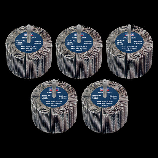 Sealey Abrasive Flap Wheel 80 x 40mm 40Grit 6mm Shaft - Pack of 5 FW8040405