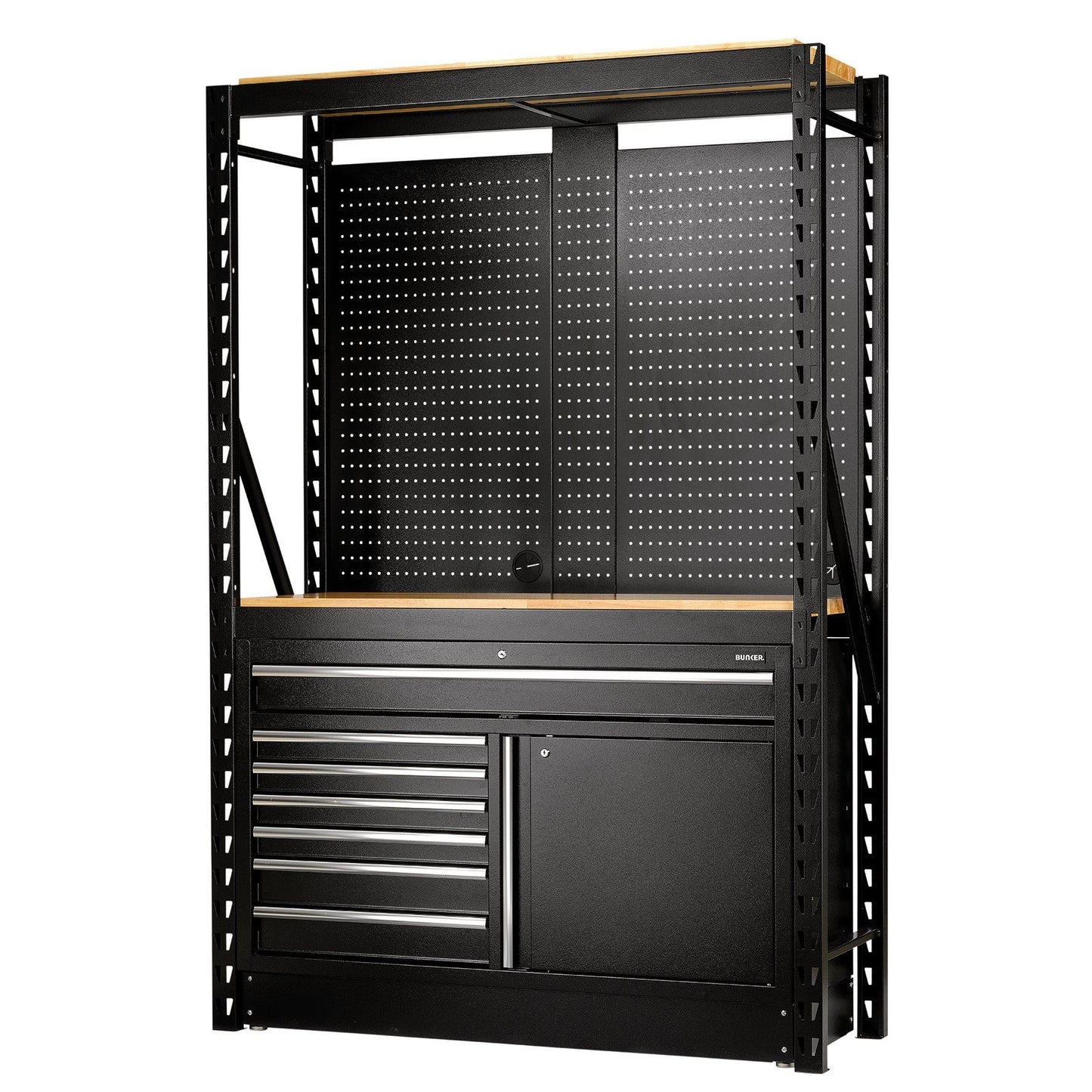 Draper BUNKER 14 Piece Modular Storage Combo 2 Tier Racking with Hardwood Shelving, Pegboards and Floor Cabinet, 1500mm