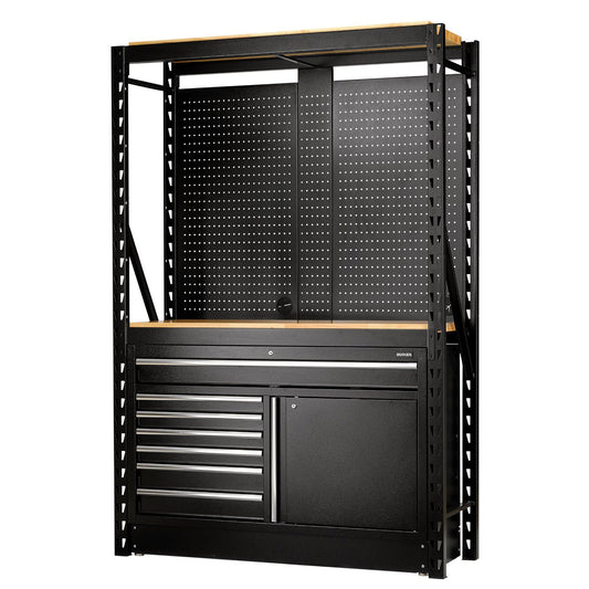 Draper BUNKER 14 Piece Modular Storage Combo 2 Tier Racking with Hardwood Shelving, Pegboards and Floor Cabinet, 1500mm