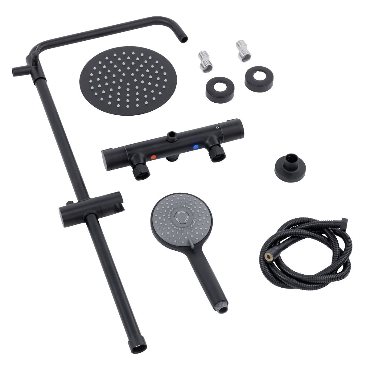 Baridi Thermostatic Shower Mixer Set, 20cm Round Head, Adjustable Rail - Black