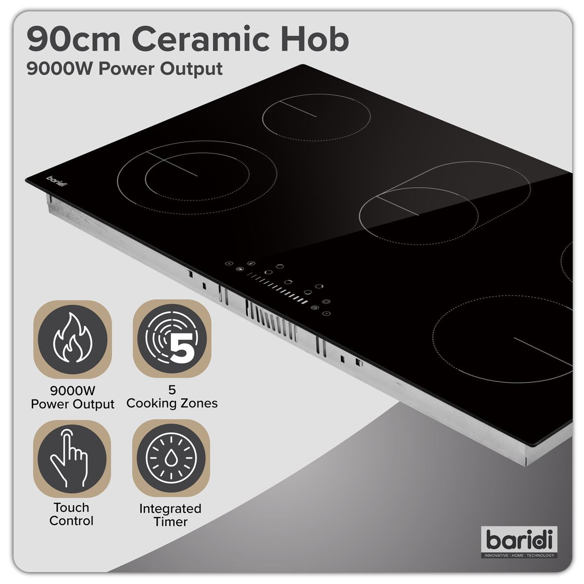 Baridi Integrated Ceramic Hob with 5 Cooking Zones 90cm - Black Glass DH389