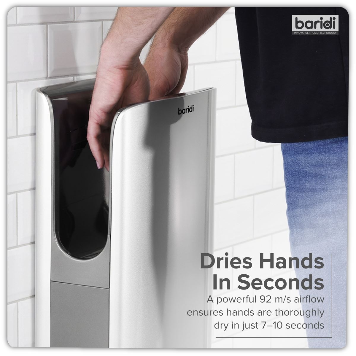 Baridi Hand Dryer with HEPA Filter & Auto-Sensor 1750W/230V - Silver DH150