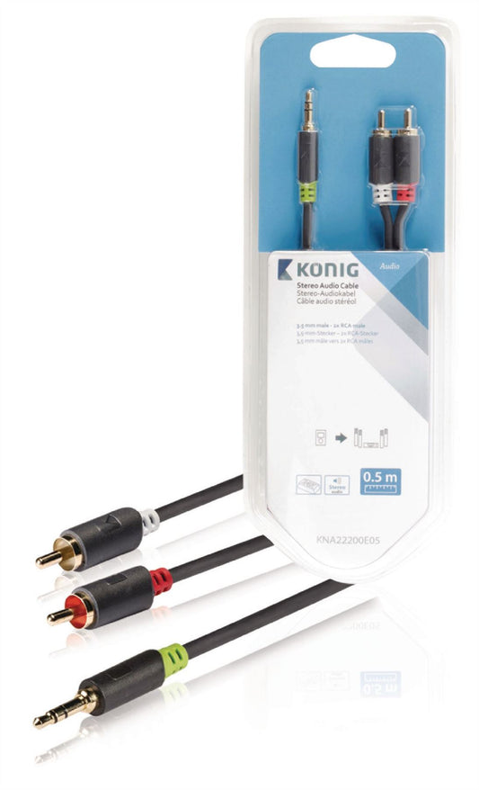 (Disc) Konig Stereo audio cable 3.5mm male to 2x RCA male 0.50m grey KNA22200E05 Tracked IE1.P.100 Stocked GETR