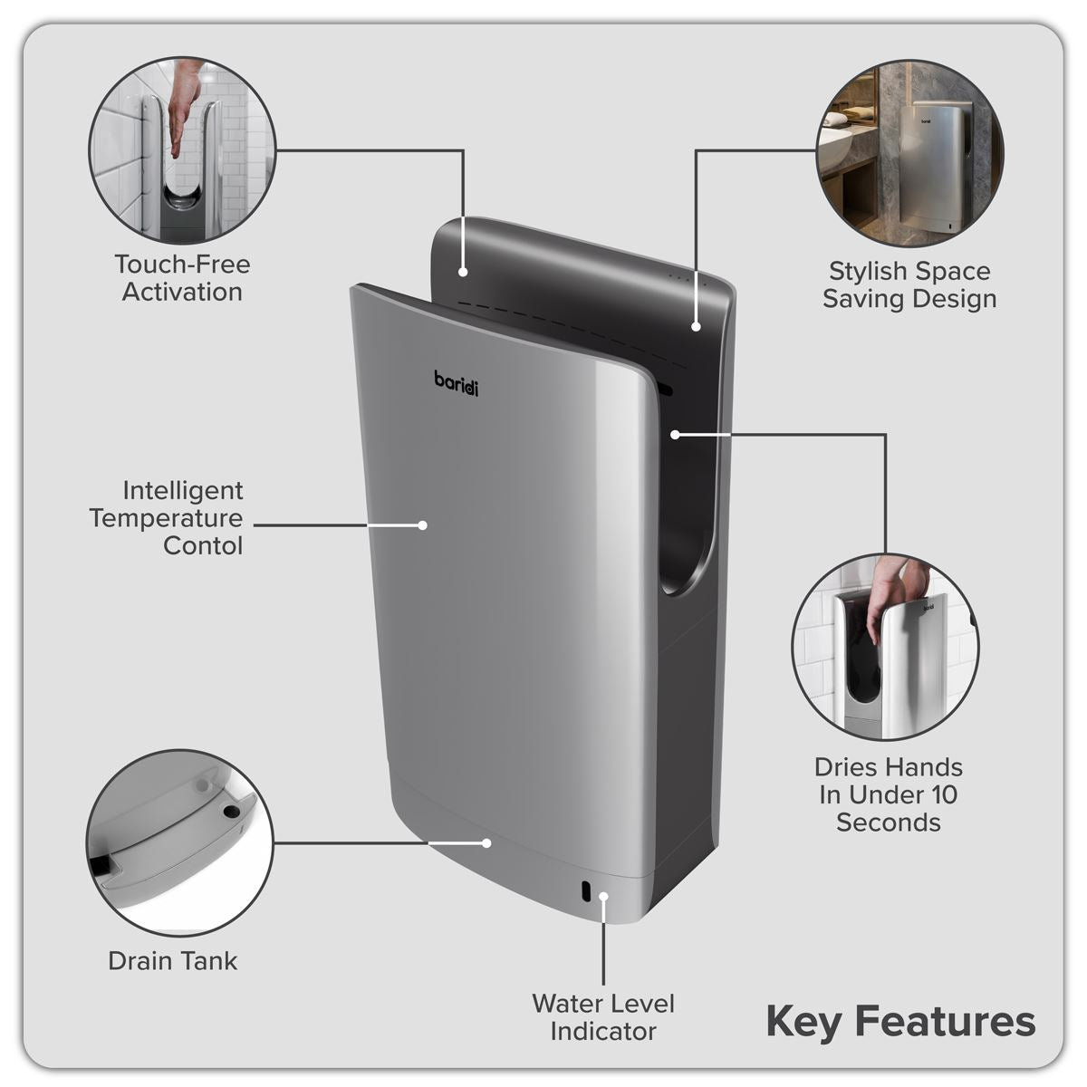 Baridi Hand Dryer with HEPA Filter & Auto-Sensor 1750W/230V - Silver DH150