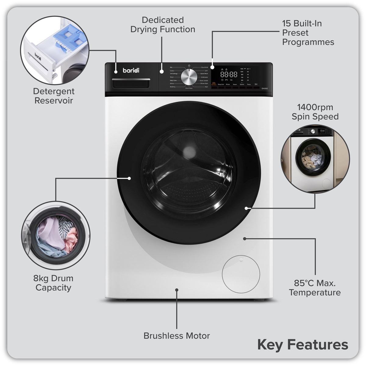 Baridi 8/5kg Washer Dryer, Front Loading, 1400rpm Energy Rating A � White DH263