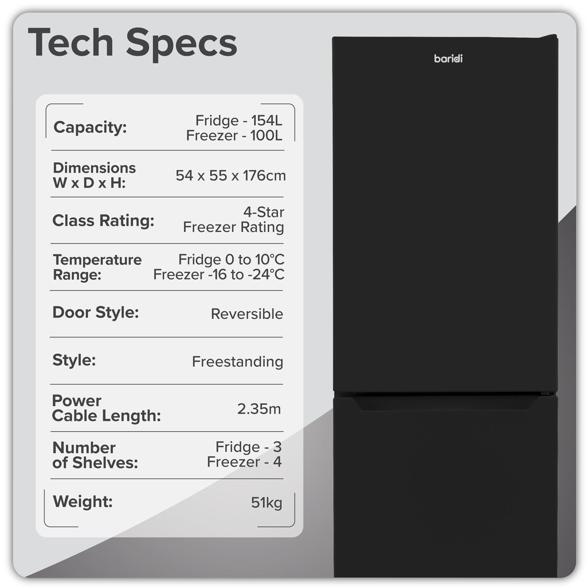 Baridi 50/50 Smart Frost Fridge Freezer 254L Capacity � Black DH329