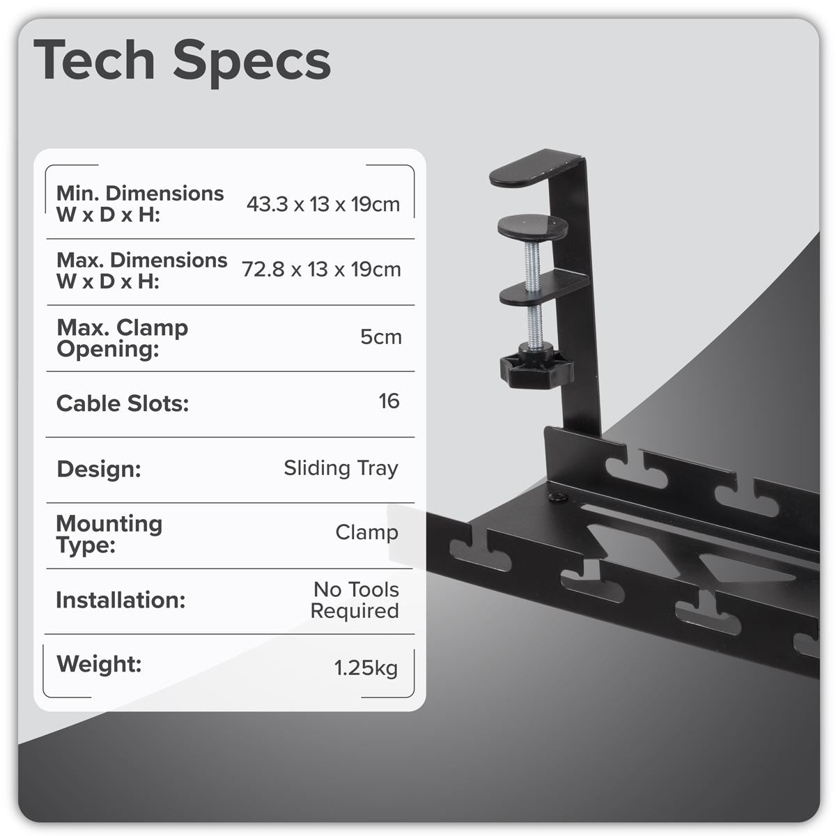 Dellonda Extendable Cable Management Tray 435/730 x 130 x 190 - Black DH276