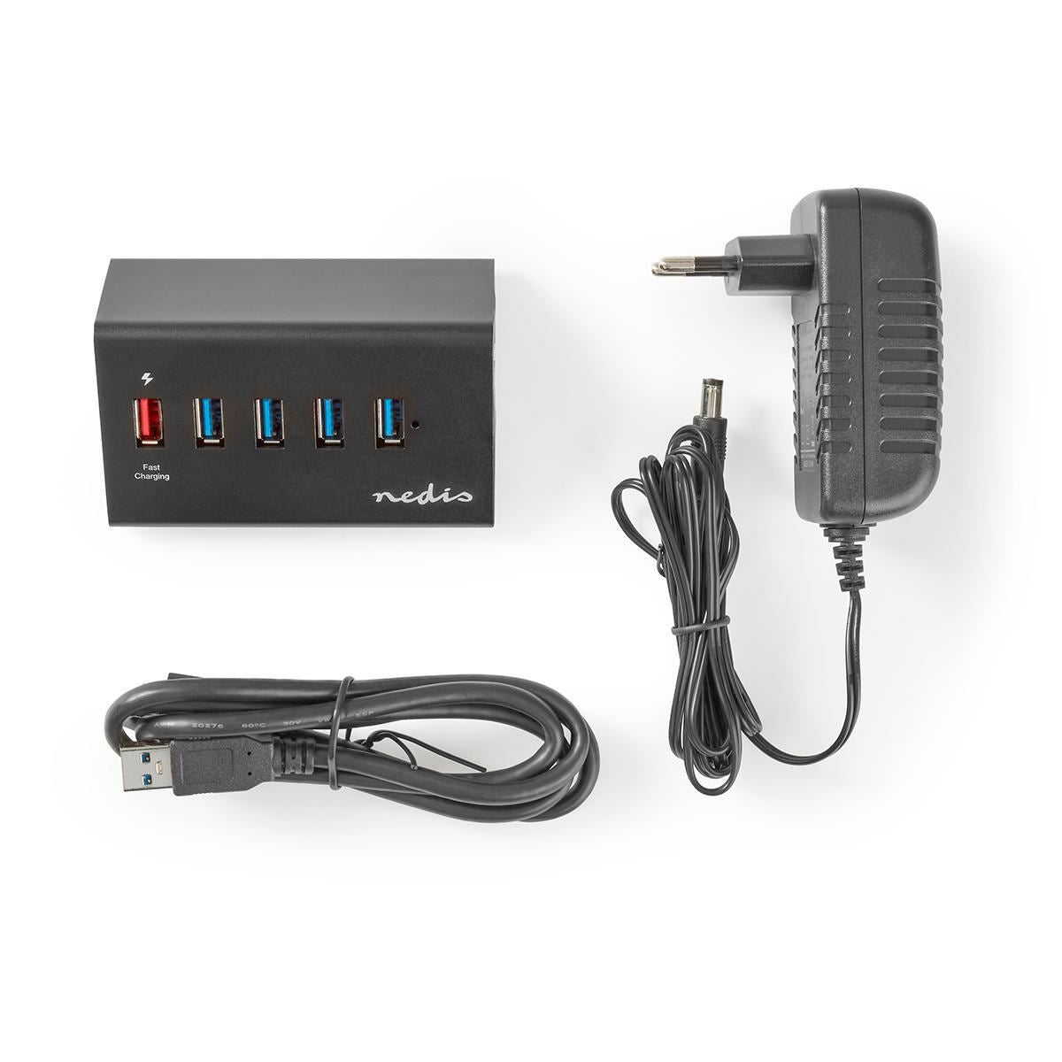 Nedis USB Hub 5-Port USB 3.0 Powered QC3.0 Charge Port 5 Gbps Aluminium - UHUBUP3510BK