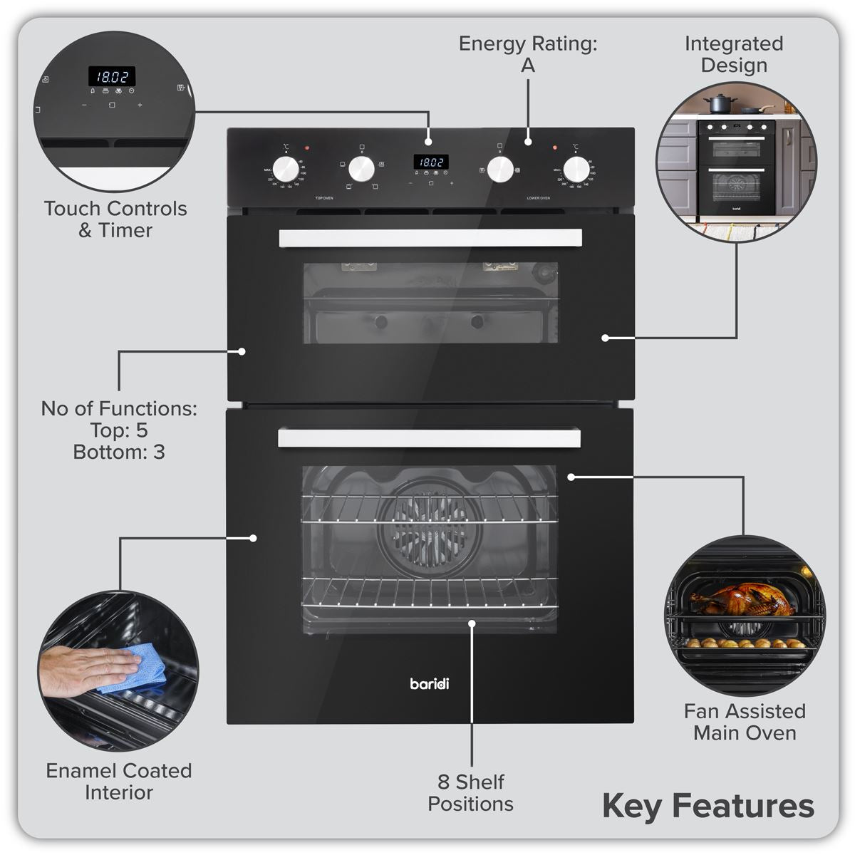 Baridi 72cm Built-Under Double Oven, 74L Capacity, Energy Rating A - Black DH278