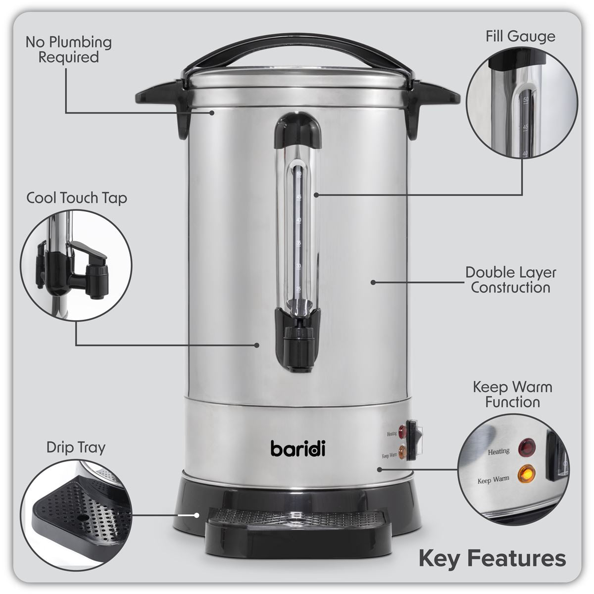 Baridi Hot Water Boiler/Tea Urn 10L Capacity, Stainless Steel DH269