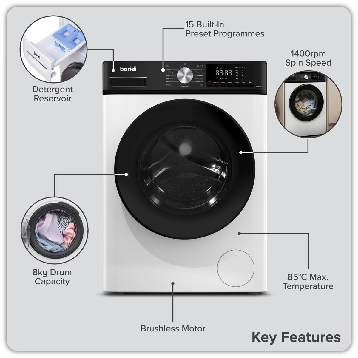 Baridi 8kg Washing Machine, Front Loading, 1400rpm Energy Rating A � White DH262