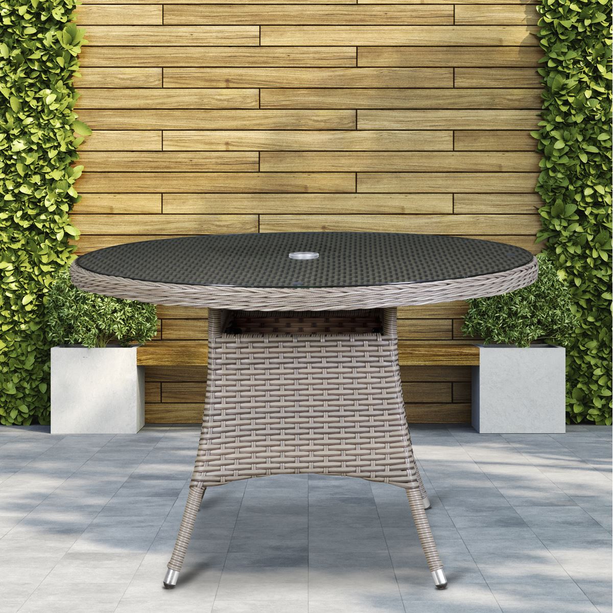 Dellonda Chester Rattan Wicker Outdoor Dining Table w/Tempered Glass Top, Brown