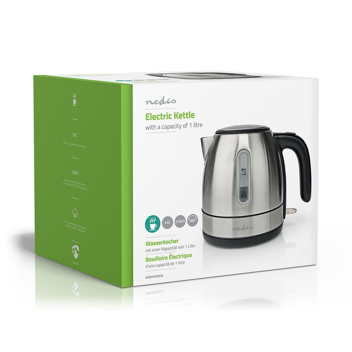 Nedis Electric Kettle 1L 360° Rotation Stainless Steel - KAWK300EAL