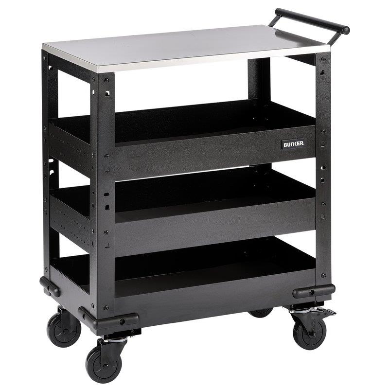 BUNKER 3 Tier Trolley with Pull Handle and Stainless Steel Worktop, 714mm