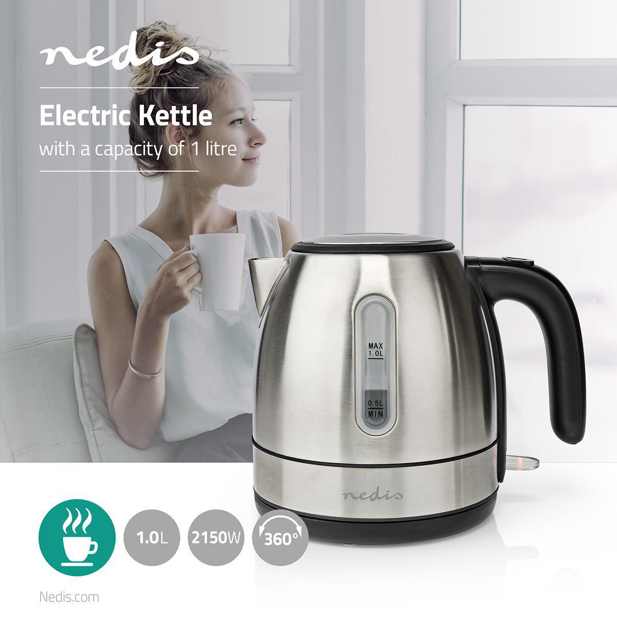 Nedis Electric Kettle 1L 360° Rotation Stainless Steel - KAWK300EAL
