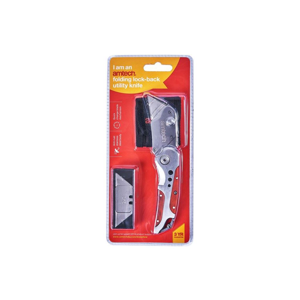 Amtech Folding Lock-Back Utility Knife - Wooden Grip - S0305