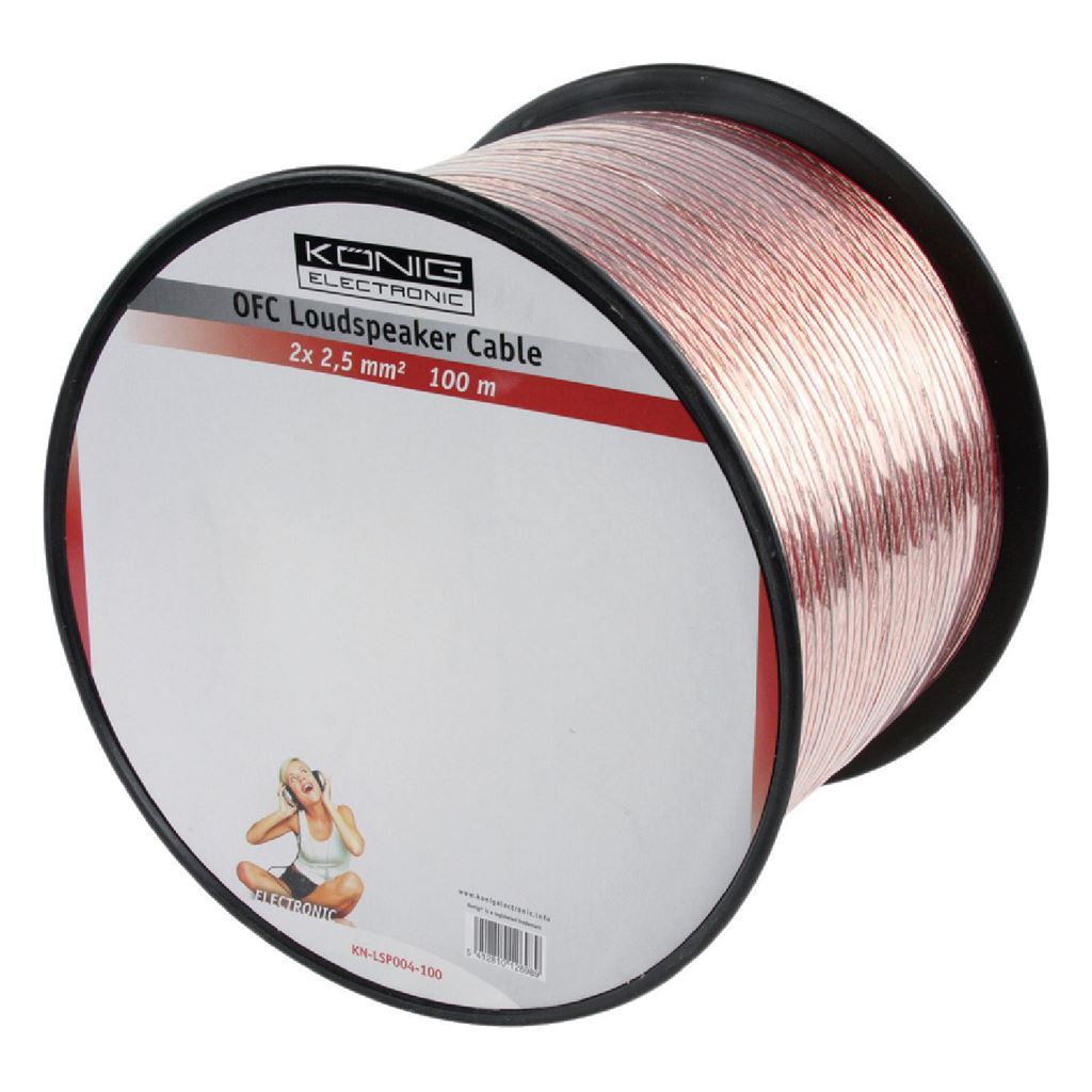 Konig OFC loudspeaker cable 2x 2.5 mm² on reel 100m transparent - CABR2500TR1000
