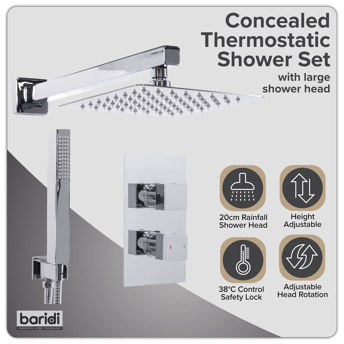 Baridi Concealed Thermostatic Shower Set 20 x 20cm Square Head & Hand Shower - Chrome DH320