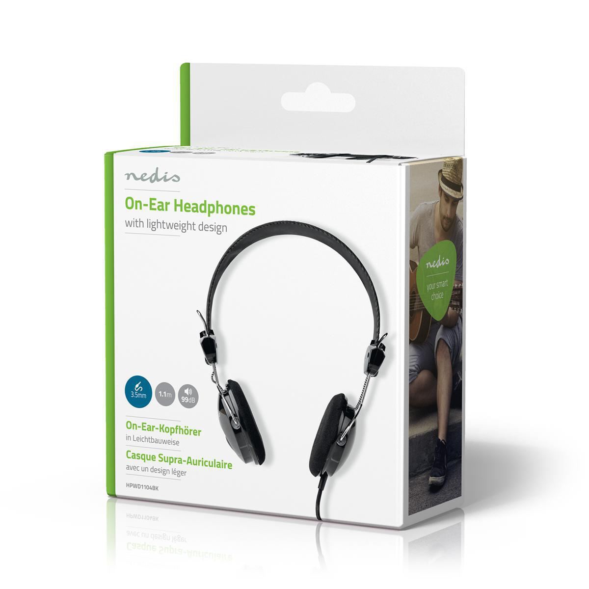 Nedis Wired Headphones 1.1m Round Cable On-Ear Lightweight Black - HPWD1104BK