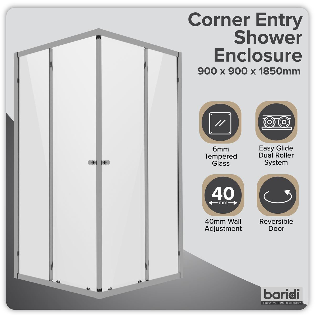 Baridi Corner Shower Entry Enclosure 900 x 900 x 1850mm with 6mm Tempered Glass - Chrome DH299