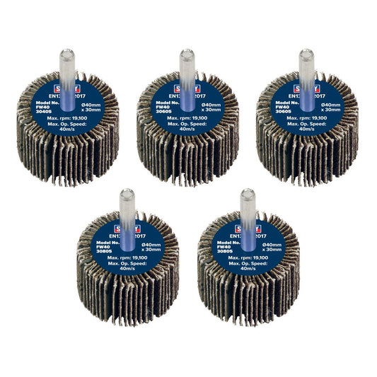 Sealey Abrasive Flap Wheel 40 x 30mm 6mm Shaft Assorted Grit - Pack of 5 FW4030ASS