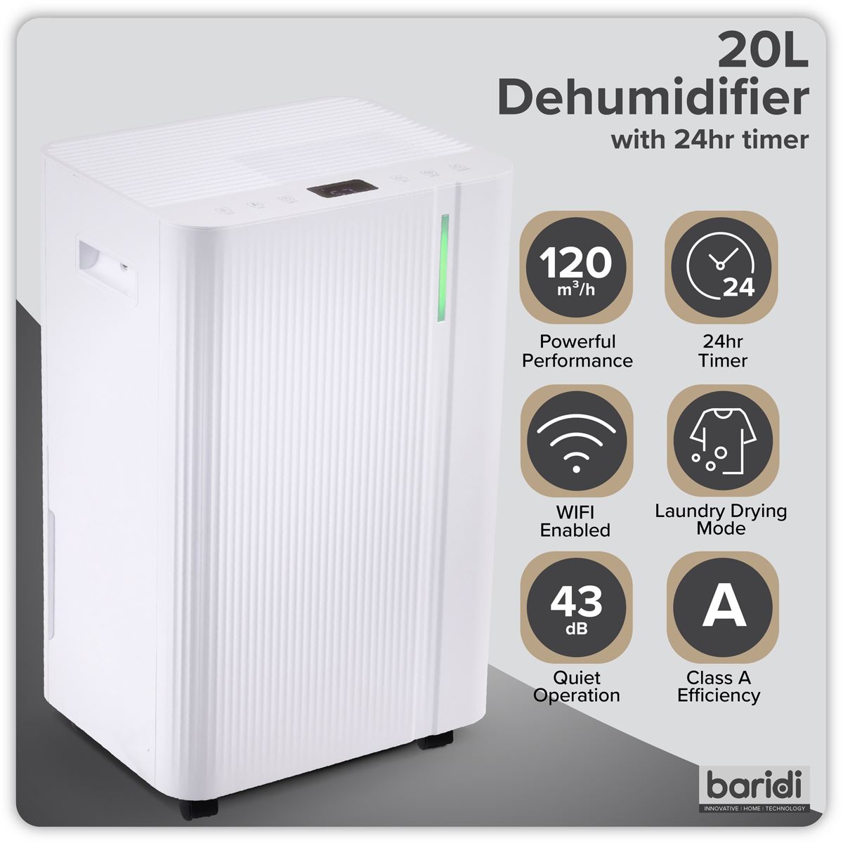 Baridi Dehumidifier with Digital Display & 24hr Timer 20L - White DH148