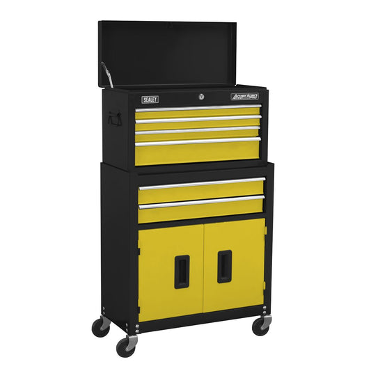 Sealey American Pro Topchest & Rollcab Combination 6 Drawer with Ball-Bearing Slides - Yellow/Black & 170pc Tool Kit AP22YCOMBO