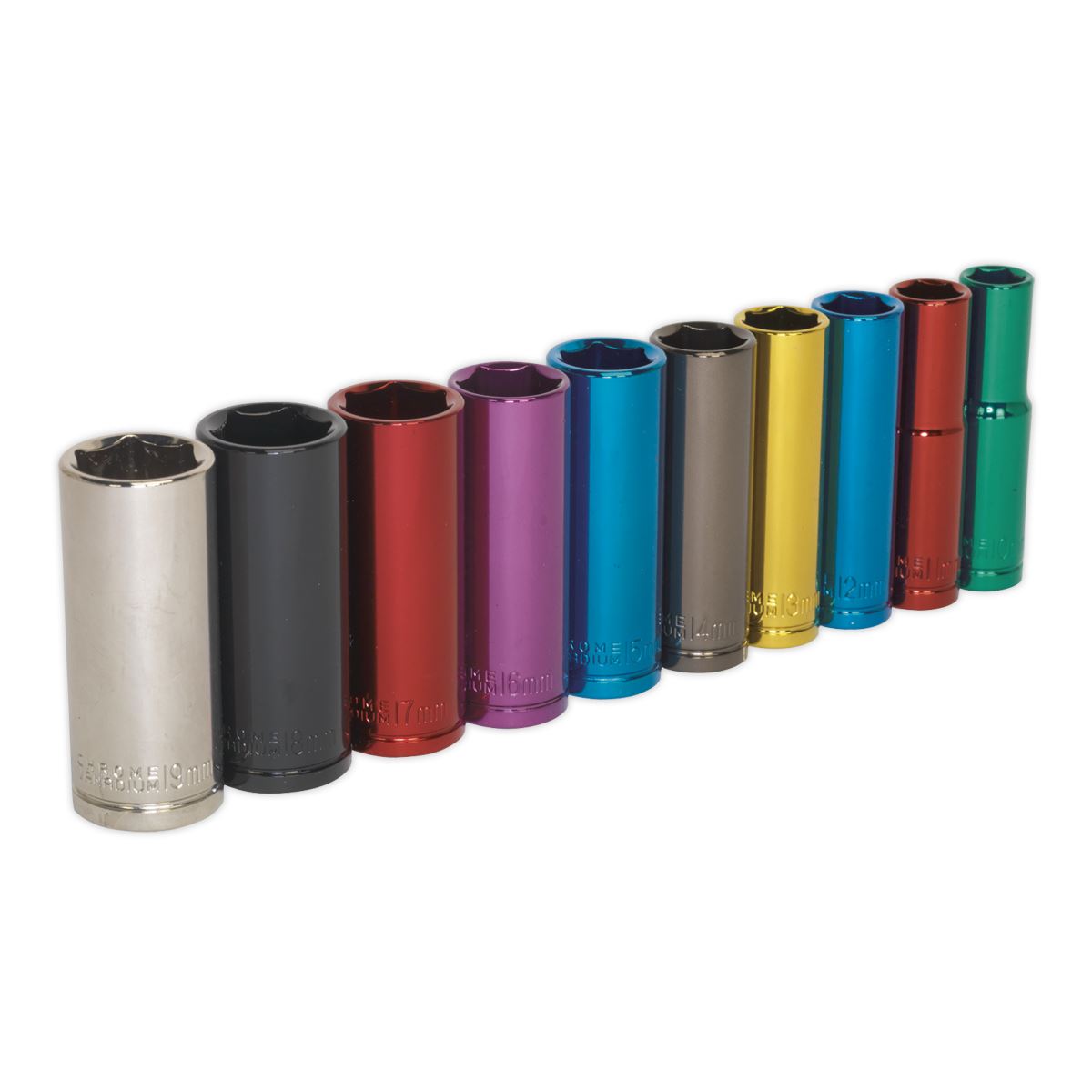 Sealey Multi-Colour Socket Set 10pc 3/8 Sq Dr 6pt Deep WallDrive MM AK285D