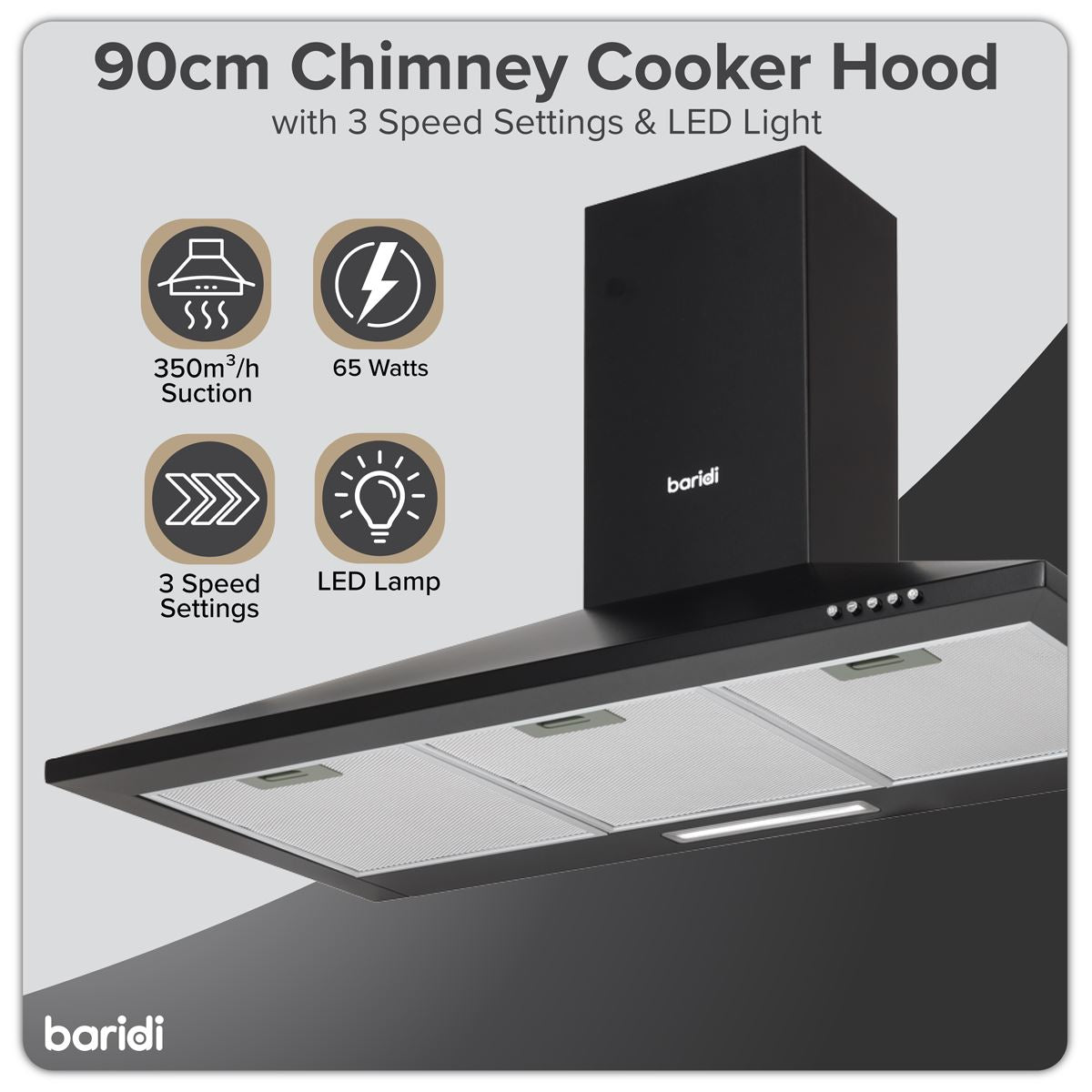 Baridi Cooker Hood, Chimney Style with Carbon Filters 90cm - Black DH59