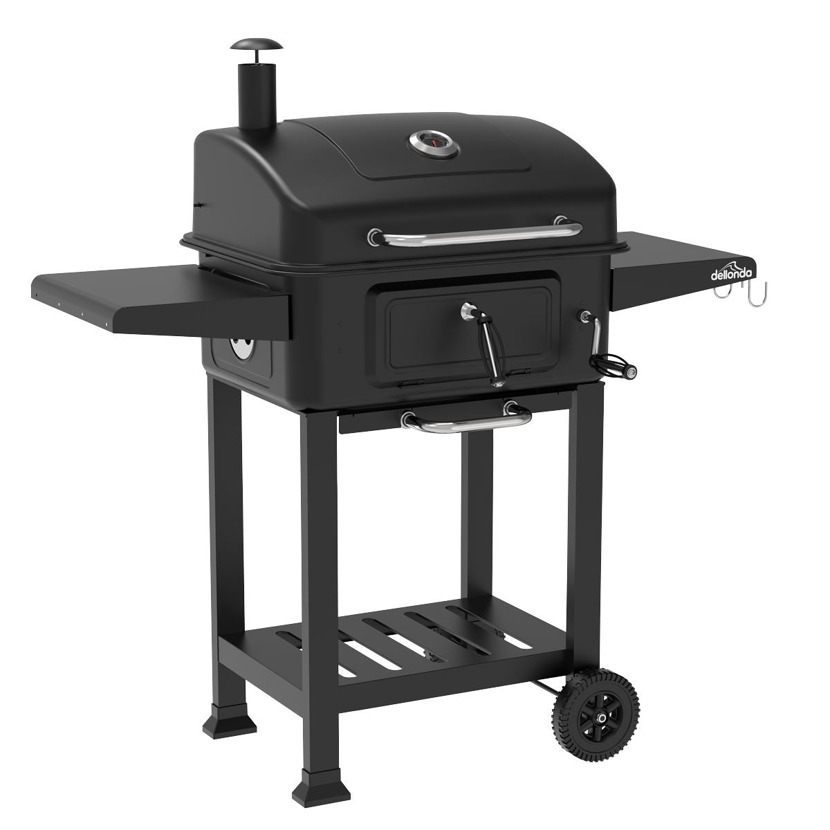 Dellonda Charcoal Grill BBQ Smoker and Trolley with 2 Side Shelves - Black DG283