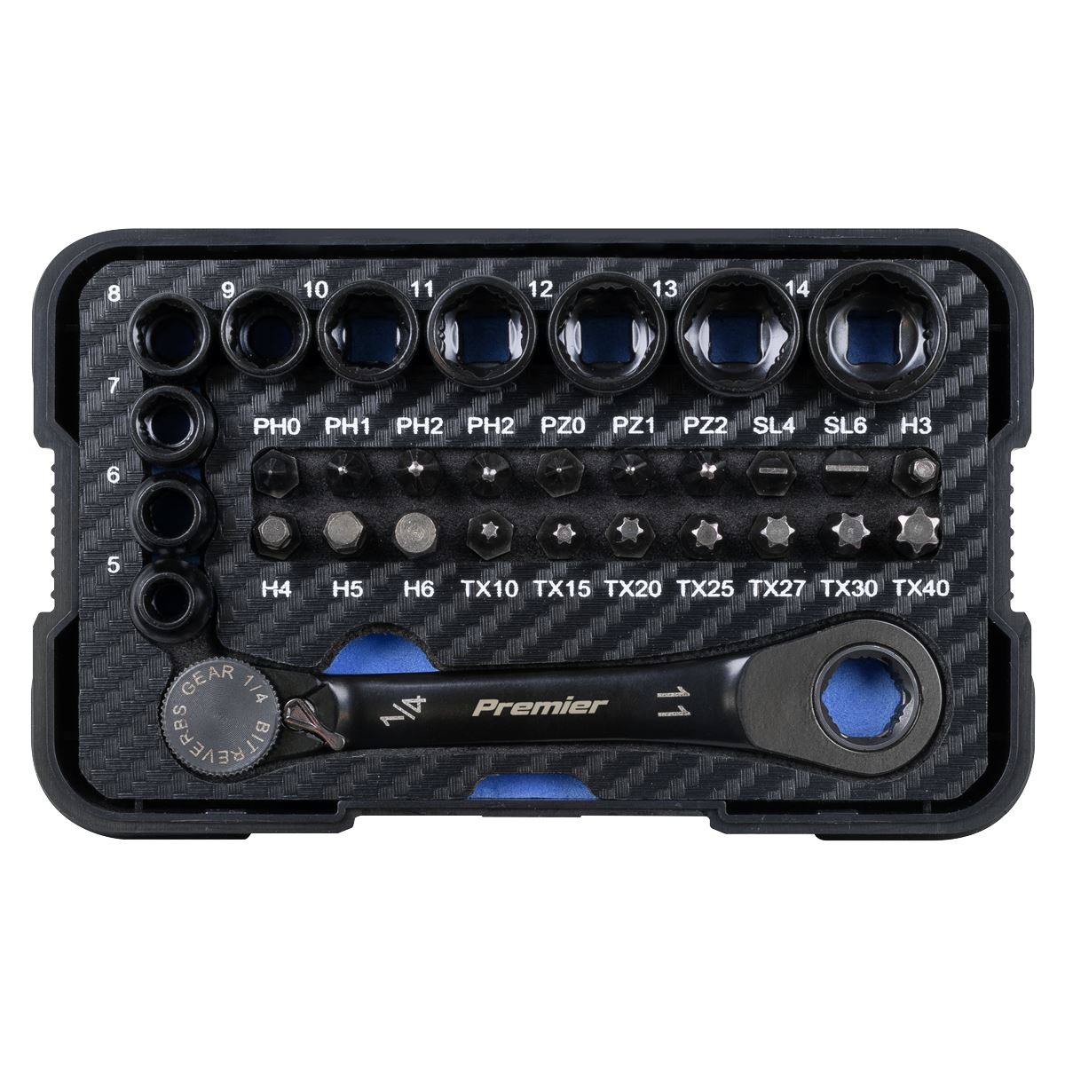 Premier Black Go-Through Lock-On Low Profile Socket & Bit Set 1/4"Sq Drive 31pc