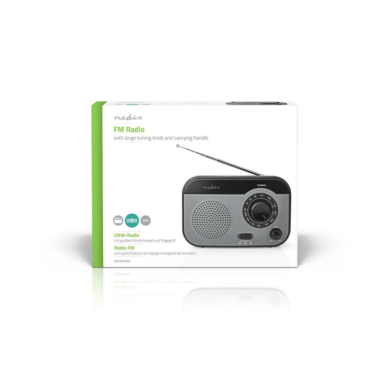 Nedis FM Radio Portable Design AM/FM Battery Powered/Mains Powered Analogue 1.8W - RDFM1340GY