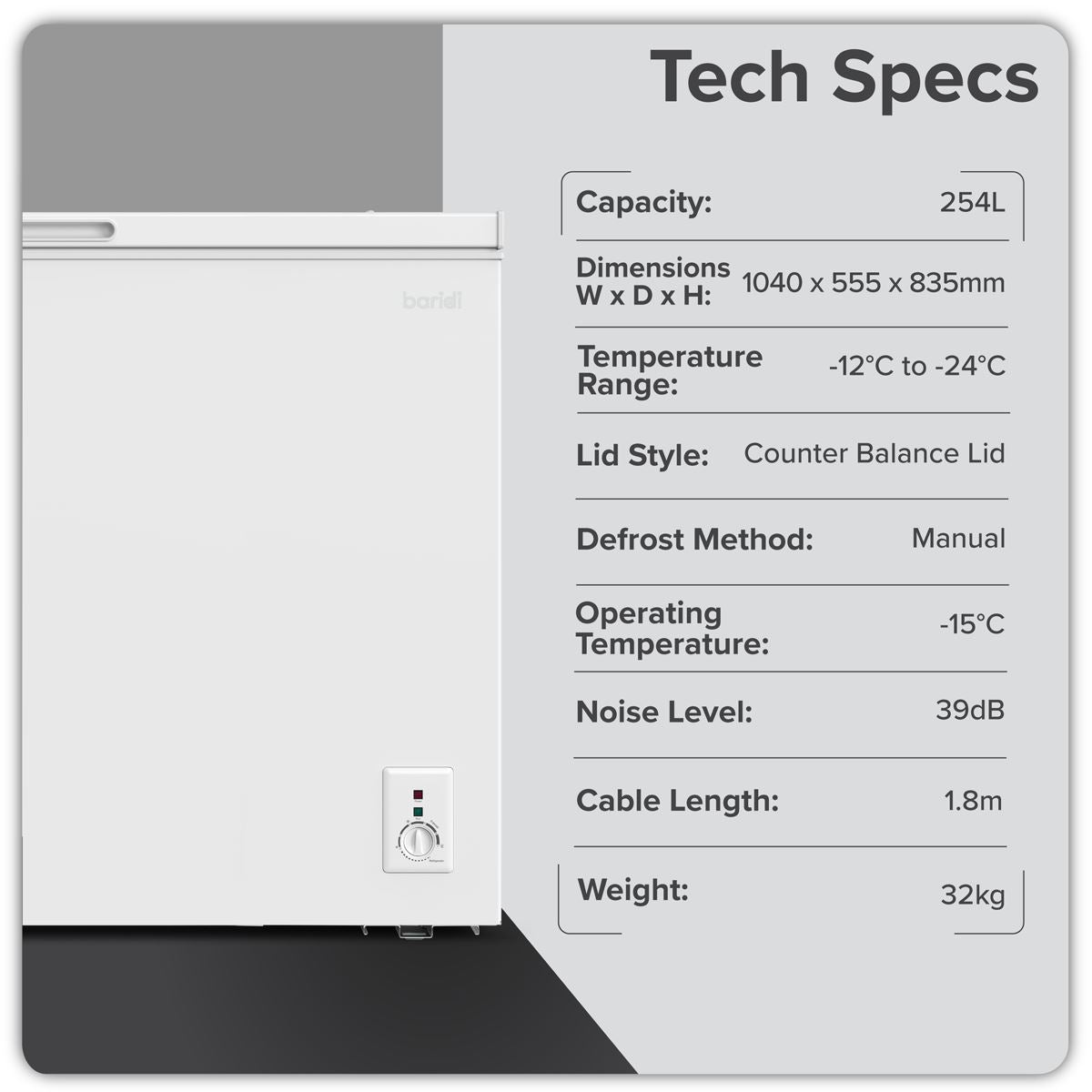 Baridi Freestanding Chest Freezer 254L Capacity - White DH258