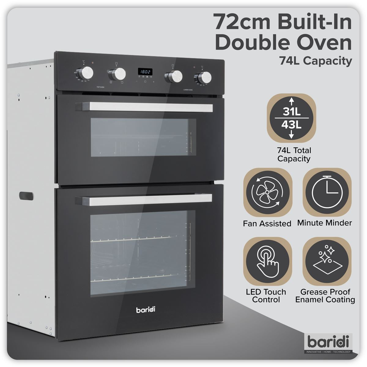 Baridi 72cm Built-Under Double Oven, 74L Capacity, Energy Rating A - Black DH278