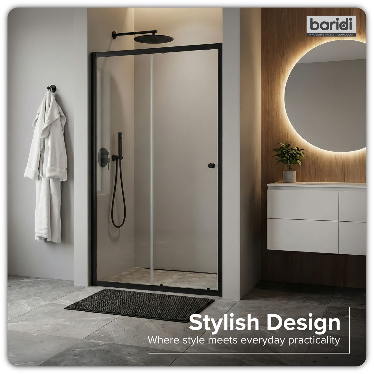 Baridi Sliding Shower Door 1000 x 1850mm, 6mm Tempered Glass, Reversible - Black