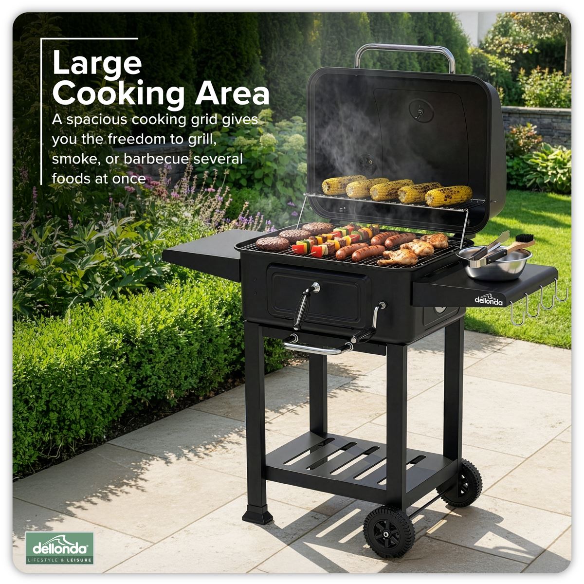 Dellonda Charcoal Grill BBQ Smoker and Trolley with 2 Side Shelves - Black DG283