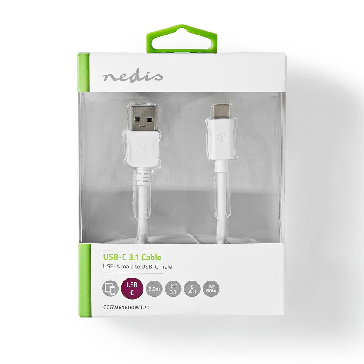 Nedis USB 3.1 Cable USB-C Male to A Male 2m White - CCGW61600WT20