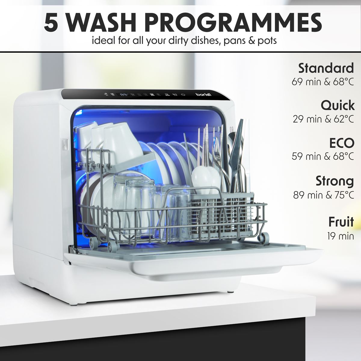 Sealey Baridi 2-4 Place Settings Mini Portable Tabletop Dishwasher, 5 Wash Functions DH224