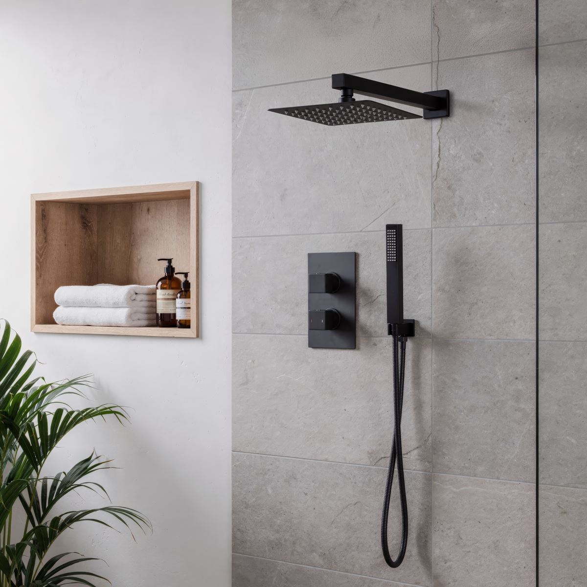 Baridi Concealed Thermostatic Shower Set 20 x 20cm Square Head & Hand Shower