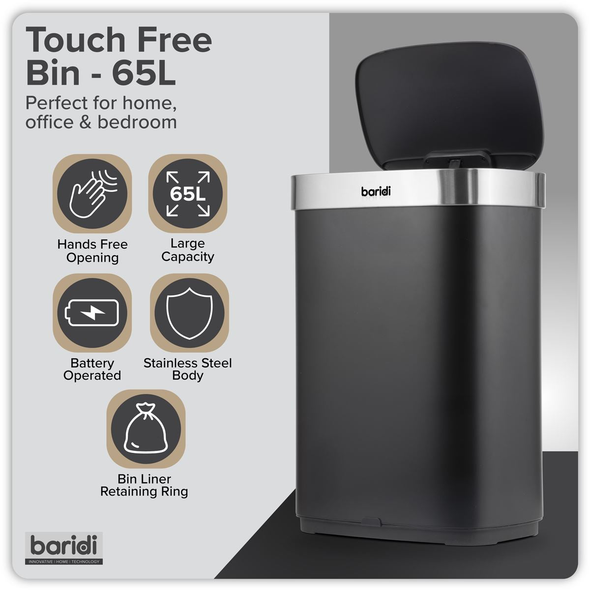 Baridi Sensor Bin 65L - Black/Stainless Steel DH282