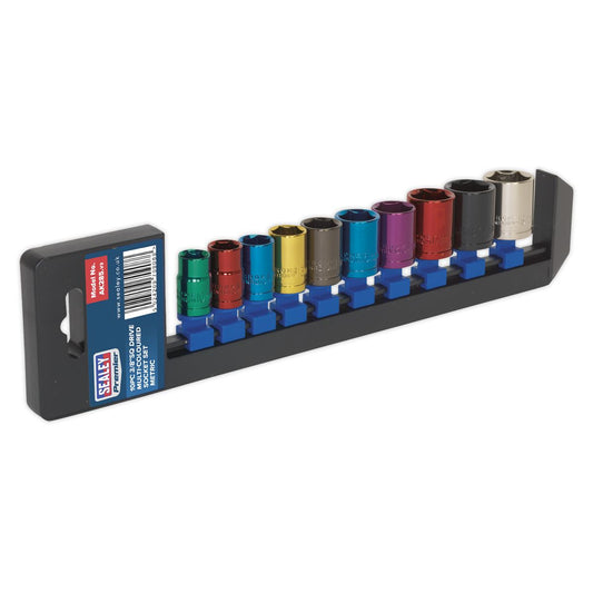Sealey Multi-Colour Socket Set 10pc 3/8"Sq Dri 6pt WallDrive Metric AK285