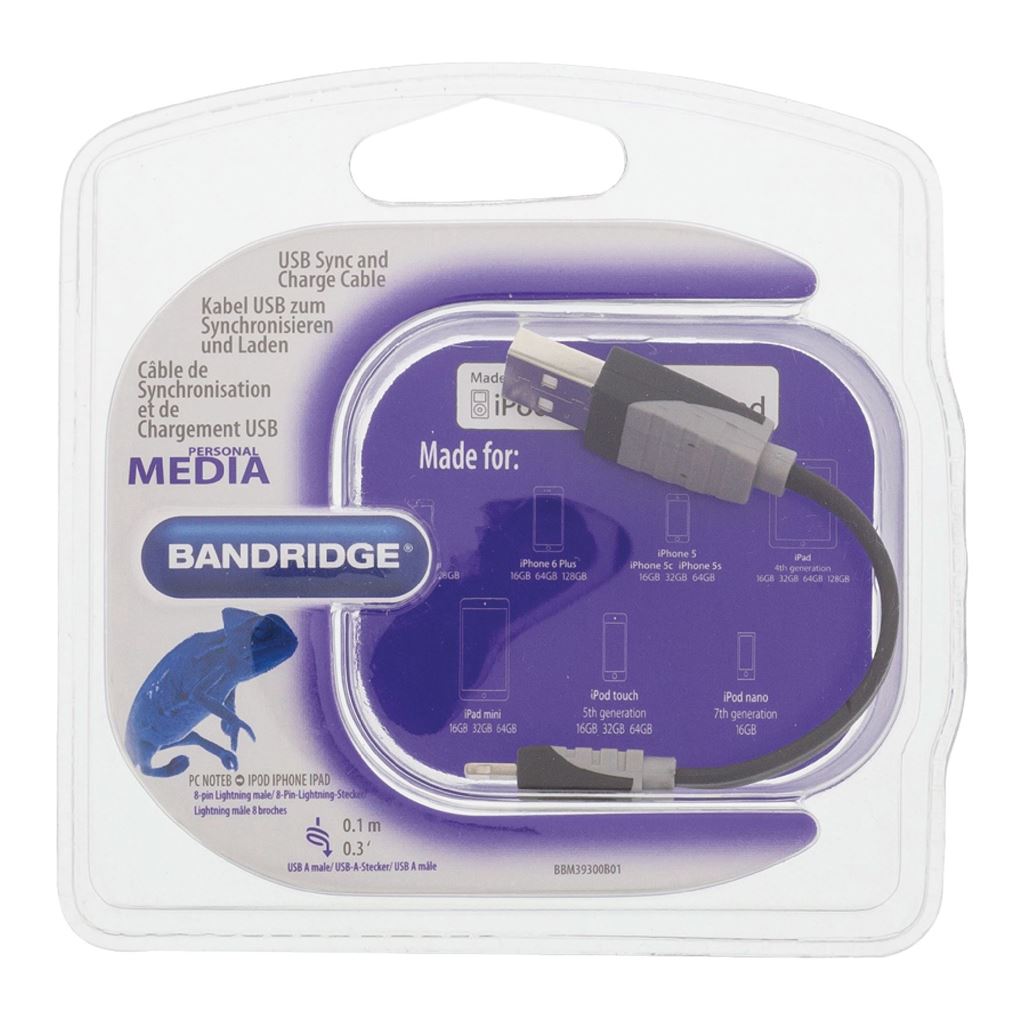 Bandridge USB sync and charge cable USBA male to 8-pin Lightning male 0.10m black - BBM39300B01