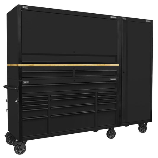 Sealey Superline Black Edition Mobile Trolley with Wooden Worktop 15 Drawer, Hutch, 2 Drawer Riser & Side Locker 1549mm AP6215BECOMBO2