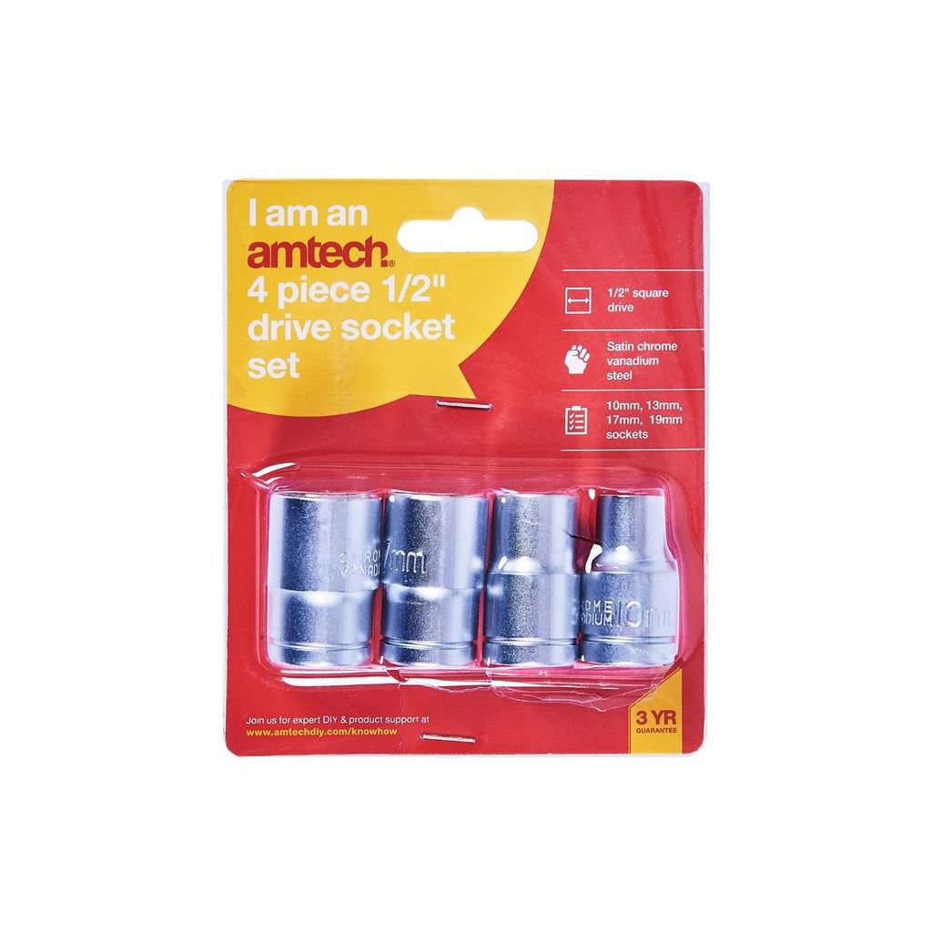 Amtech 4 Piece Socket Set 1/2" Drive Dr M10 M13 M17 M19 Hex 10 13 17 19mm Crv - I0200