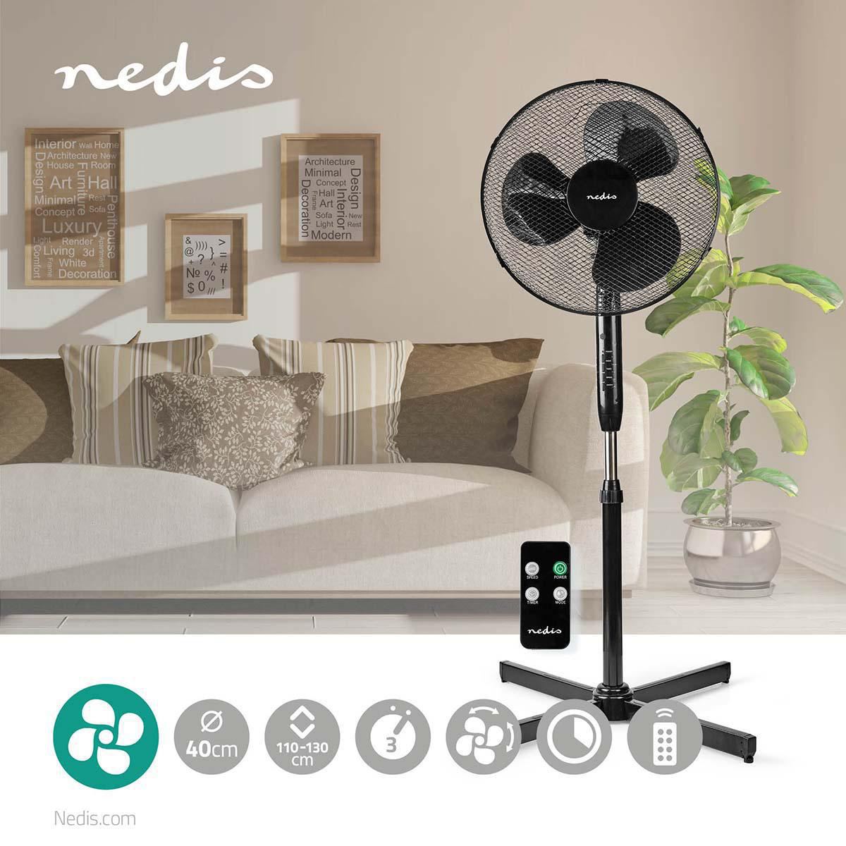 Nedis Stand Fan 40cm 3-Speed Oscillation 40W Adjustable height Shut-off Timer - FNST15CBK40
