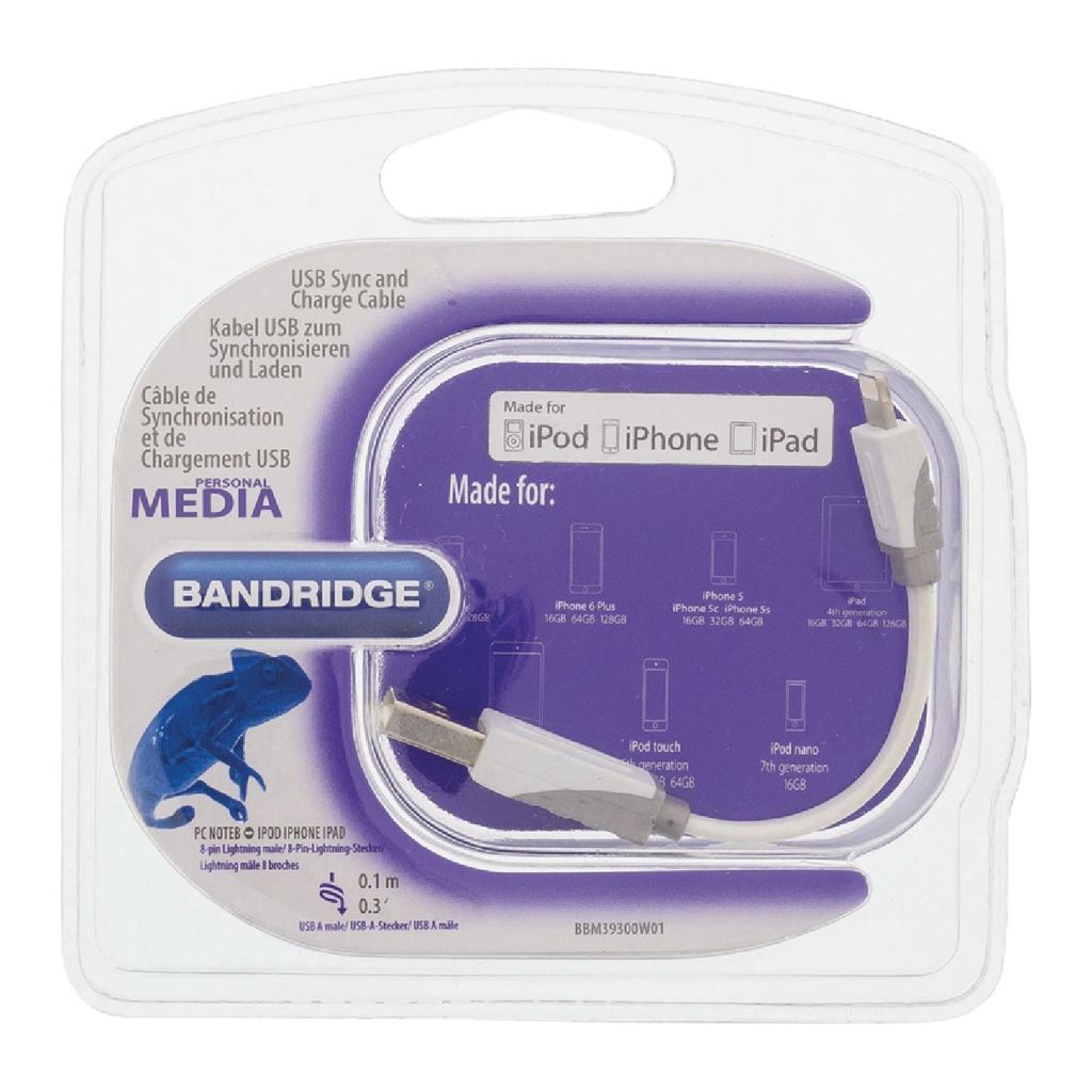 Bandridge USB sync and charge cable USBA male to 8-pin Lightning male 0.10m white - BBM39300W01