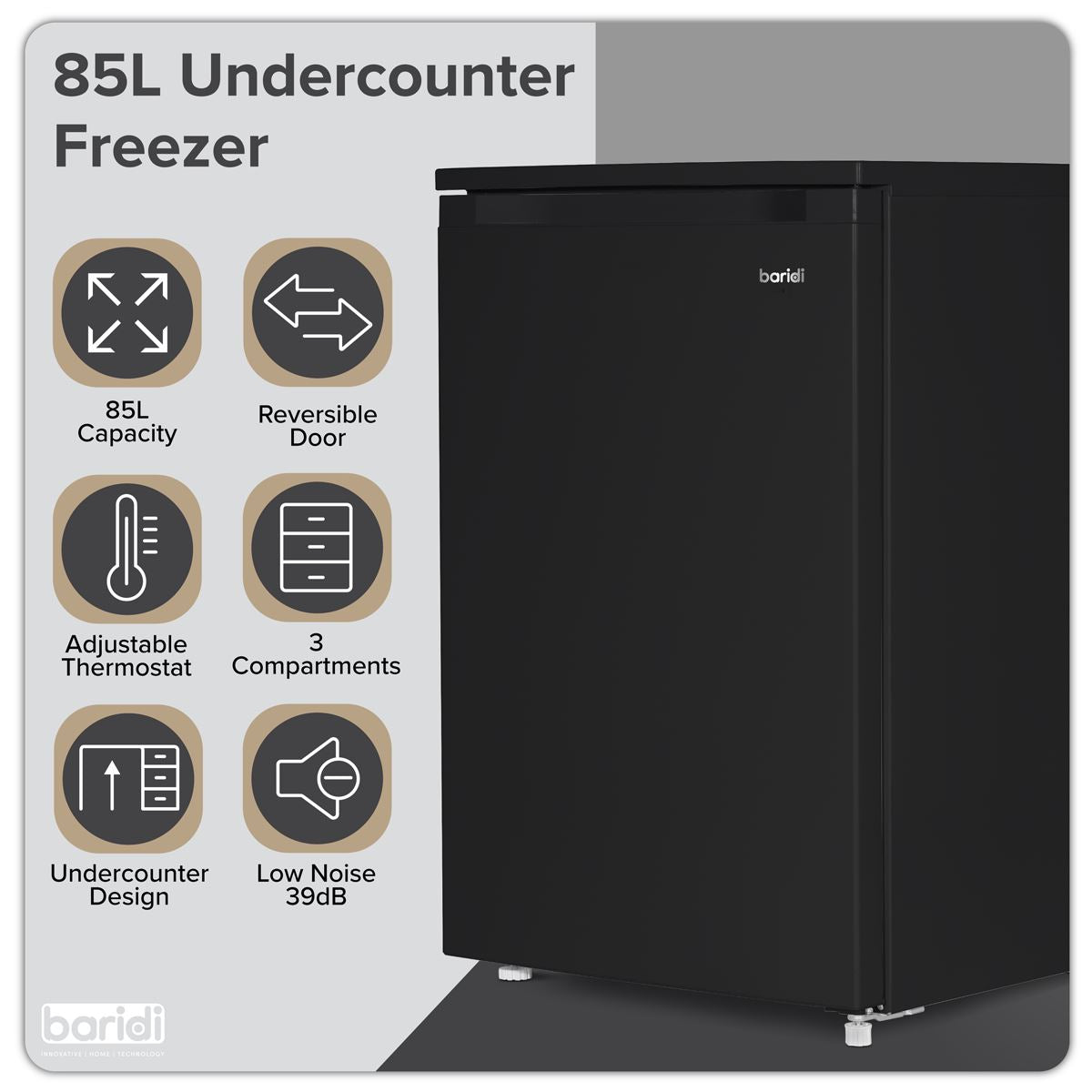 Baridi 55cm Undercounter Freezer with Adjustable Thermostat, 85L - Black DH251
